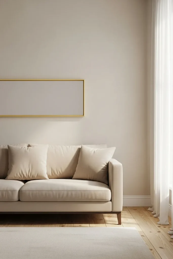 Gold mirror above beige minimalist sofa