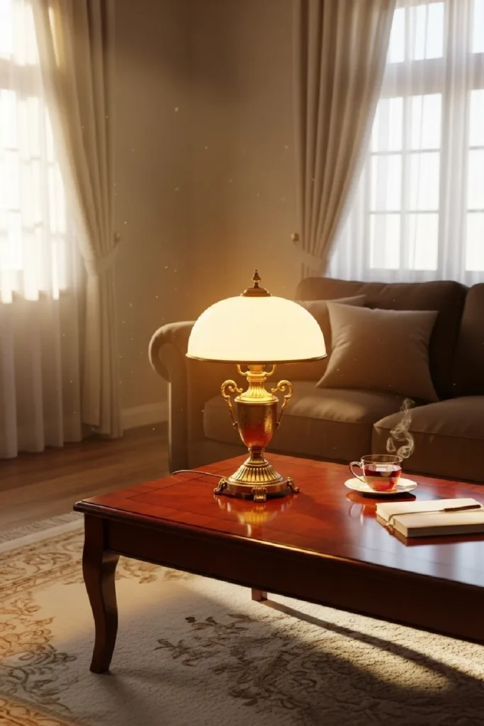 Cozy living room with gold lamp