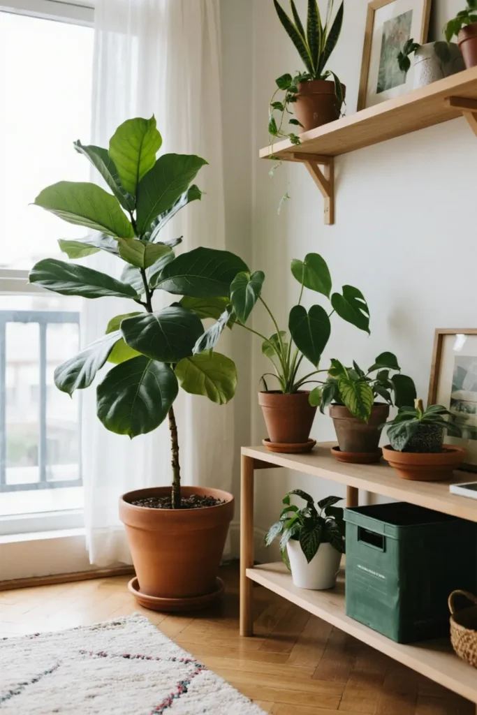 Lush green plants brighten cozy space