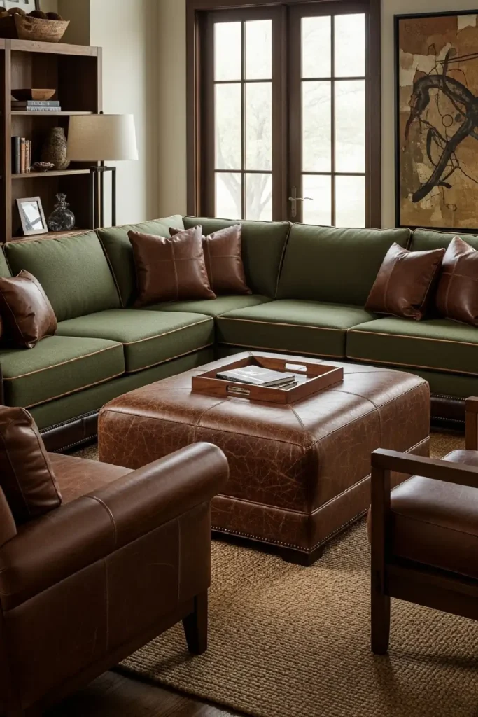 Hunter green sectional with brown leather accents