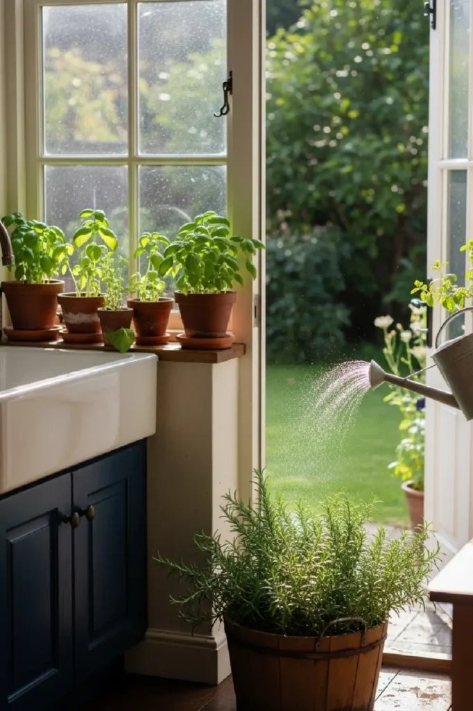 Sunlit kitchen windowsill with fresh herbs