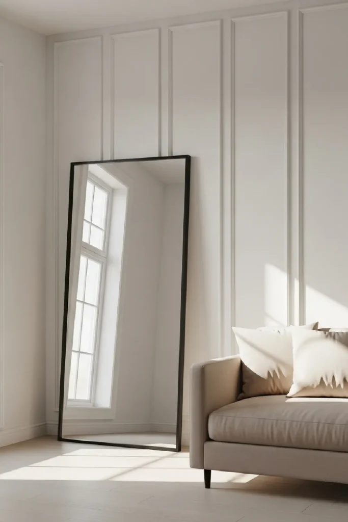Large mirror by white paneled wall