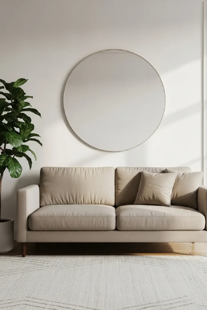 Round mirror above beige sofa