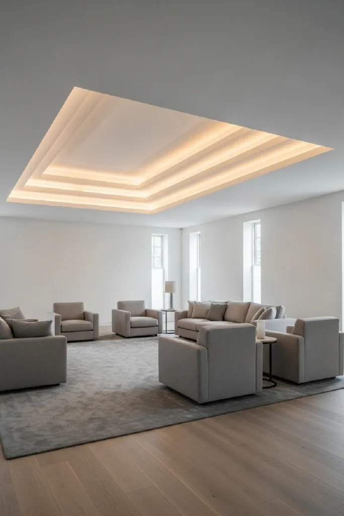 Stepped ceiling with warm cove lighting