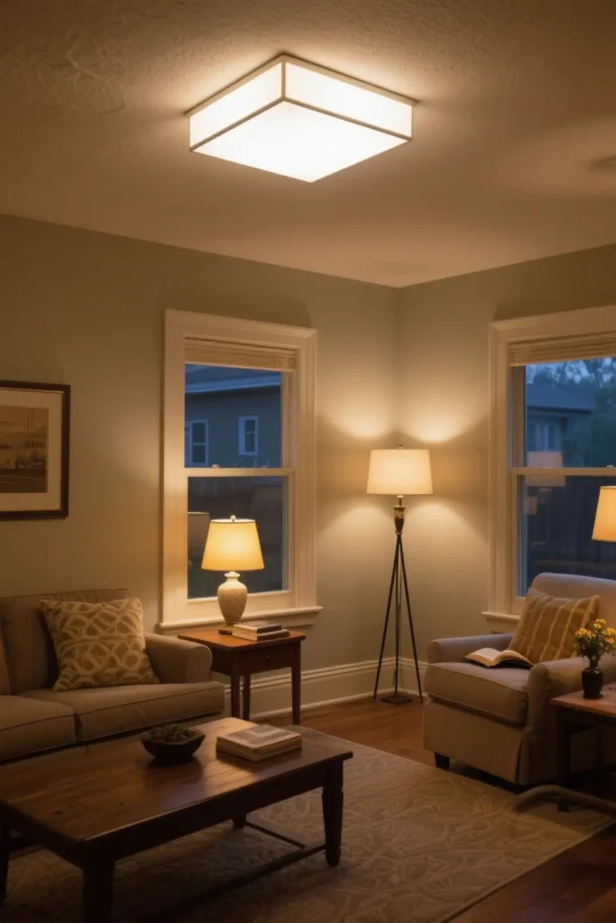Layered Lighting for Transitional Apartment Living Room Decor