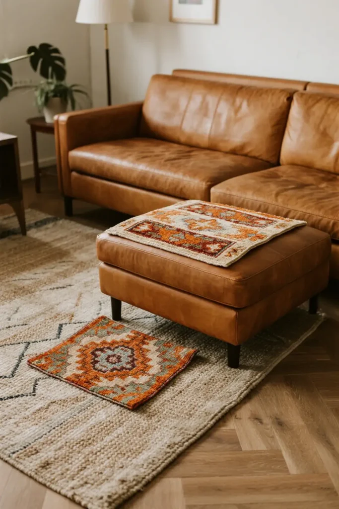 Layered rugs under leather couch