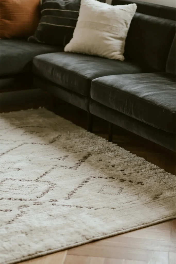 Soft pale rug brightens seating area