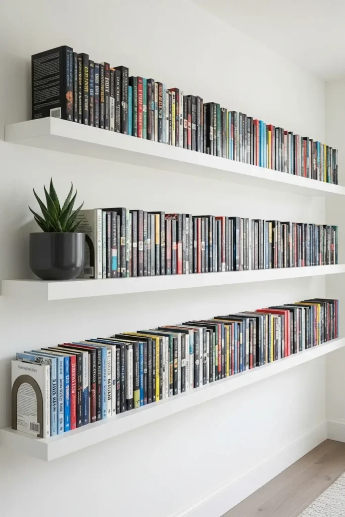 Long floating shelves filled with colorful books and plant