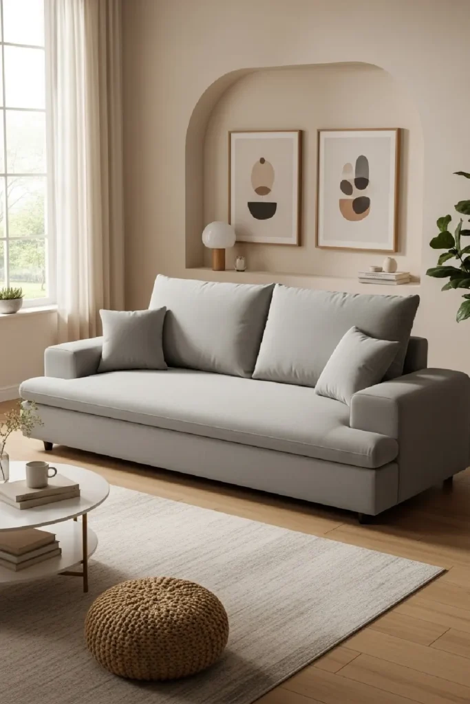 Low-profile gray sofa with smooth fabric