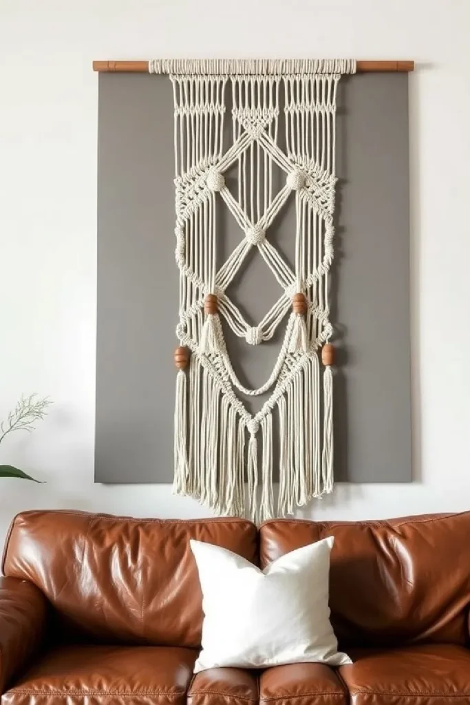 Macrame wall hanging above leather couch