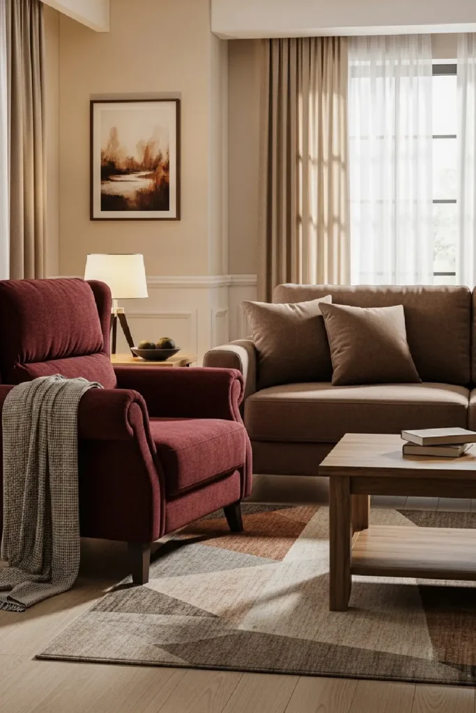 Warm living room with maroon armchair