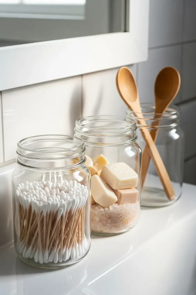 Organized bathroom counter with mason jars