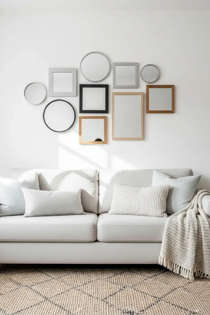 Clustered mirrors above light plush couch