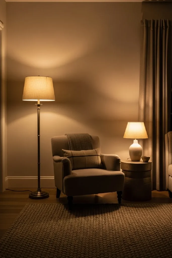 Layered lighting creating balanced cozy space