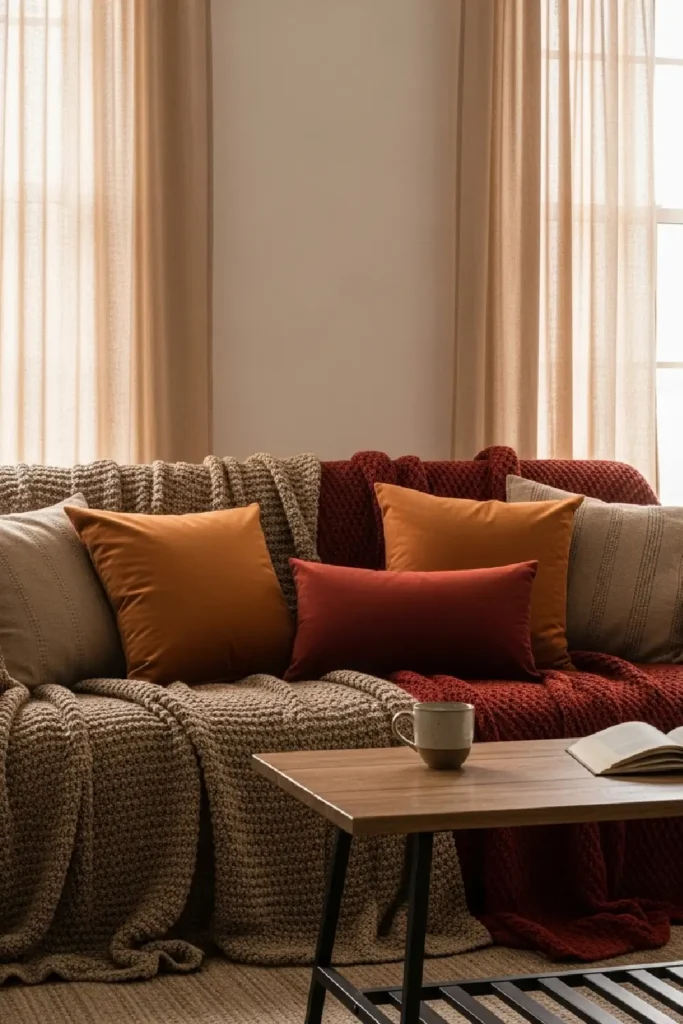 Cozy sofa with warm blankets