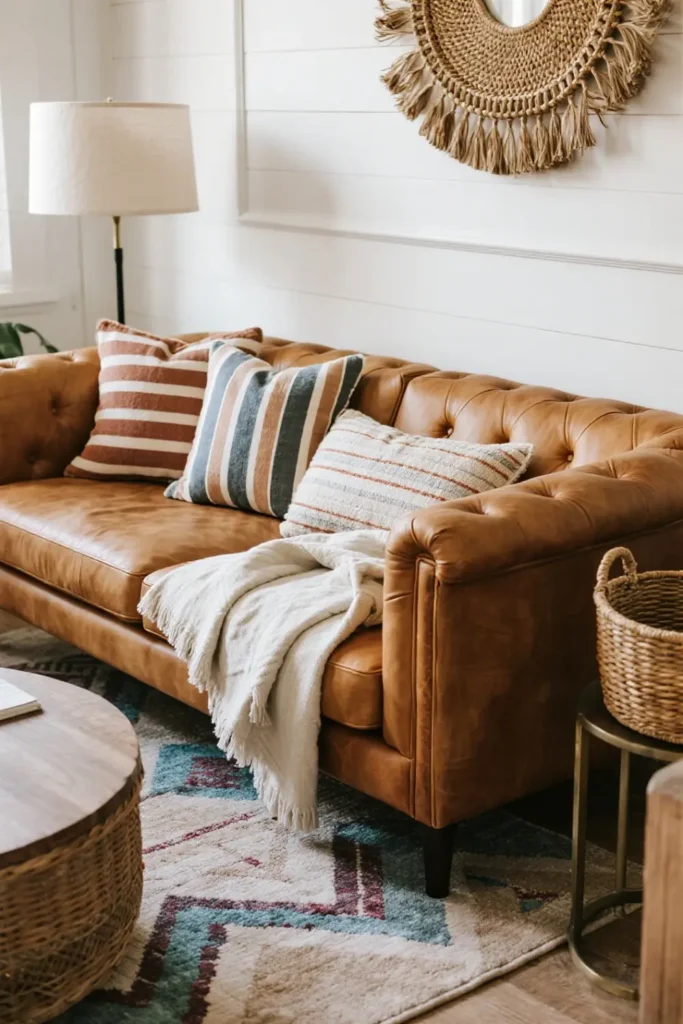 Layered textures with pillows and rugs