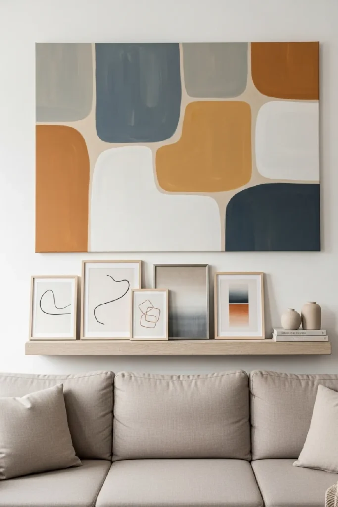Calm artwork with bold shapes above sofa