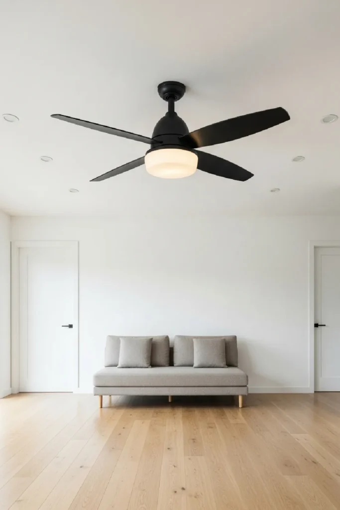 Black ceiling fan with warm light