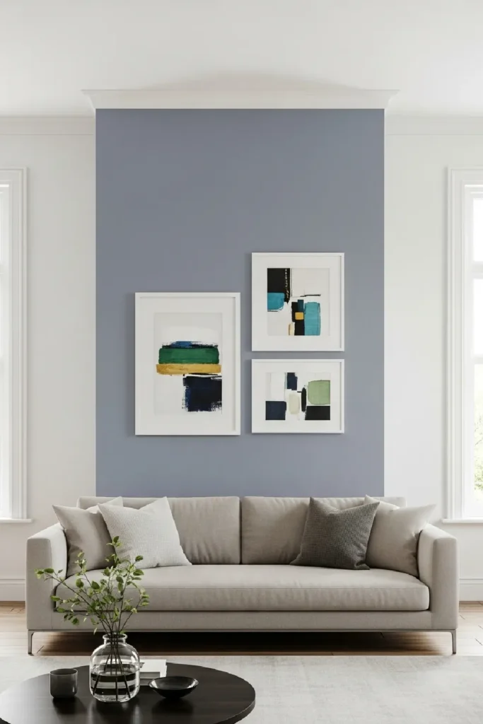 Soft gray accent wall adds subtle character