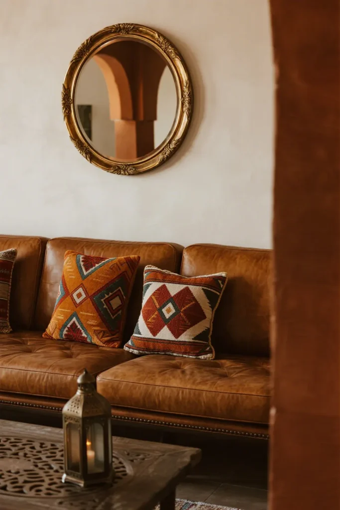 Brass mirror and global-inspired decor
