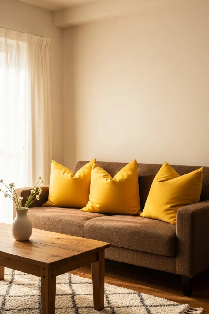 Cheerful living room with mustard accents