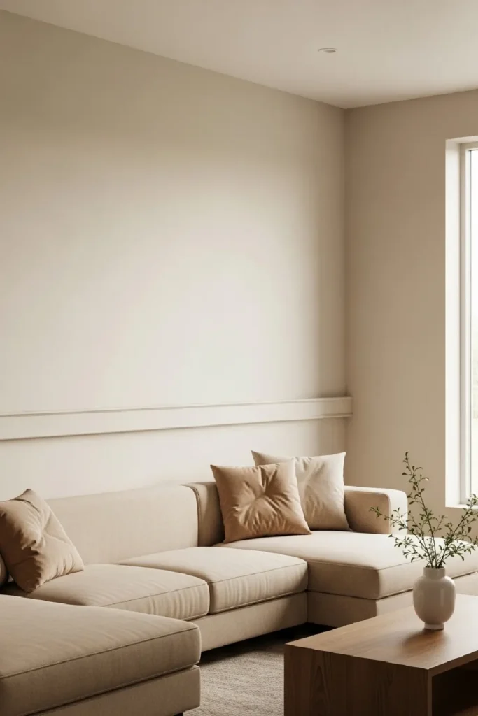 Beige sectional with horizontal wall molding