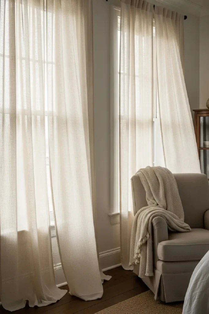 Soft cream linen curtains in breeze