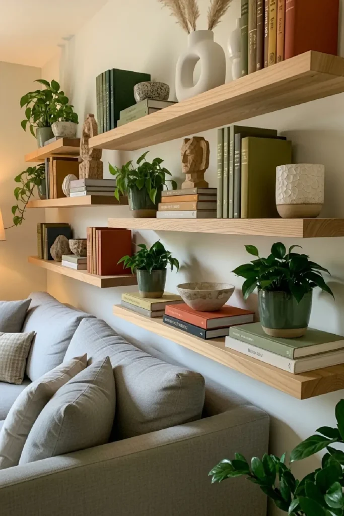Floating wood shelves with decor items