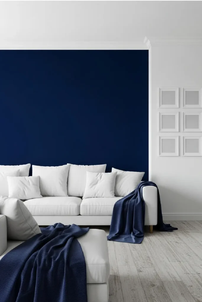 Bold navy and white living room contrast