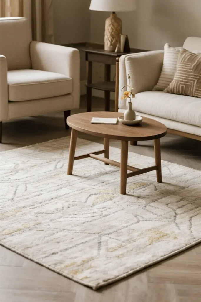 "Soft beige rug with subtle pattern