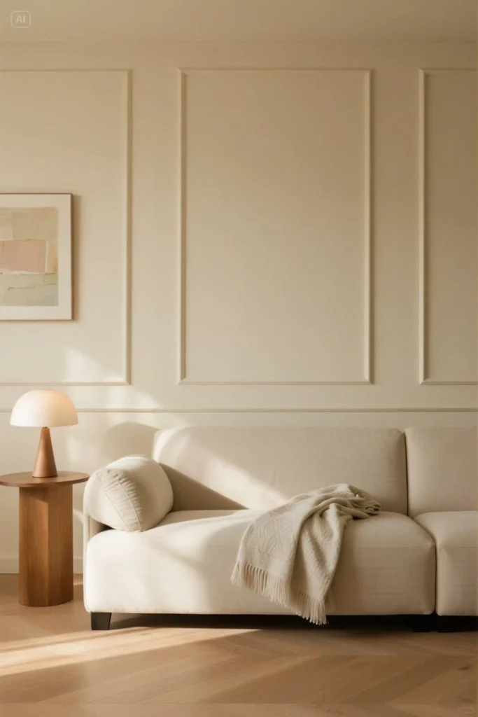 Beige sofa with grooved wall panels