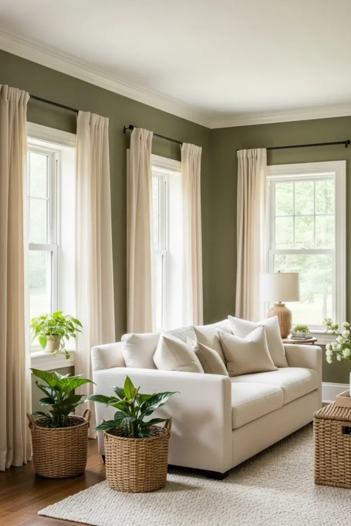 Earthy olive green and cream living room
