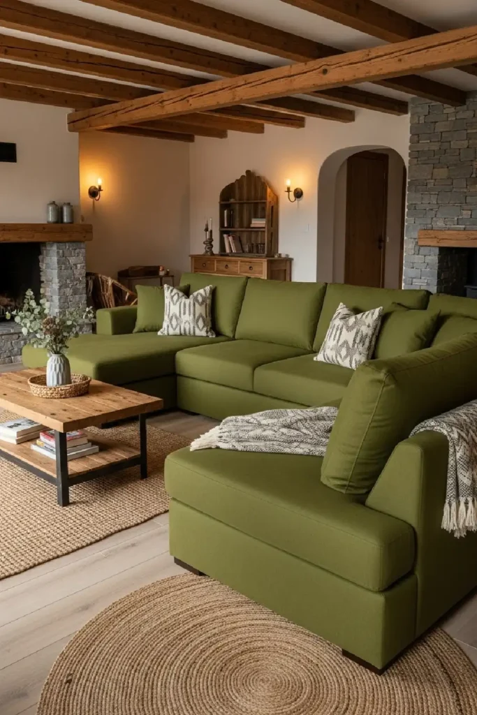 Olive green sectional with rustic decor