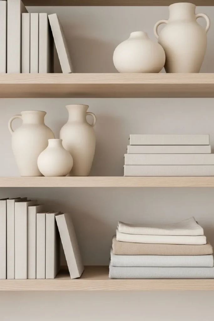 Neutral decor on open shelves