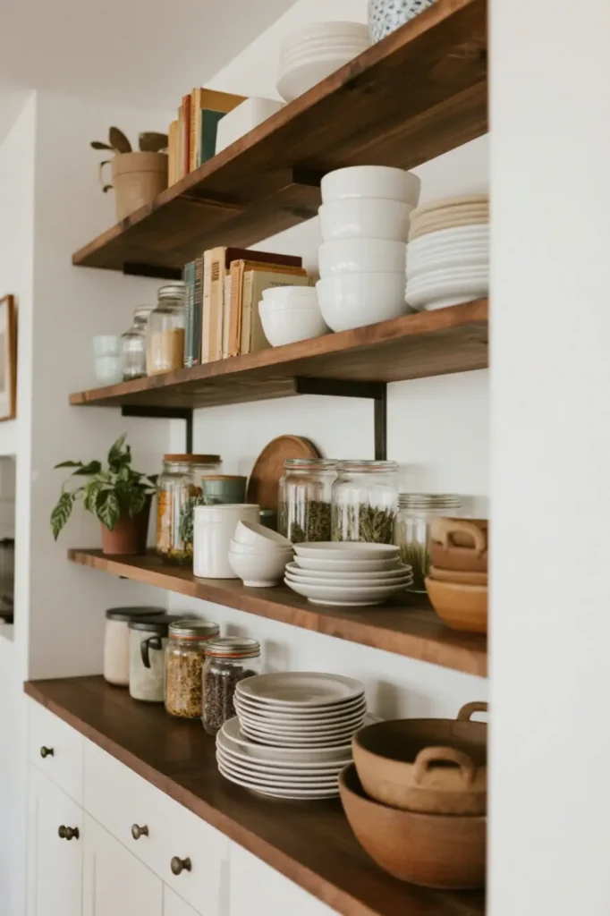 Wooden kitchen shelves with dishes and herbs