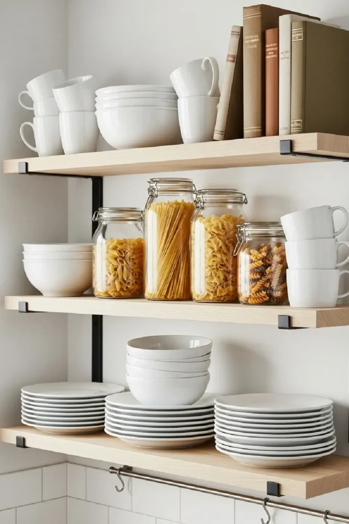 Open kitchen shelves with dishes and jars