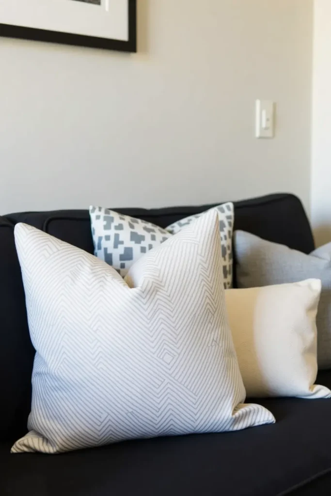 Subtle patterned pillows soften black couch