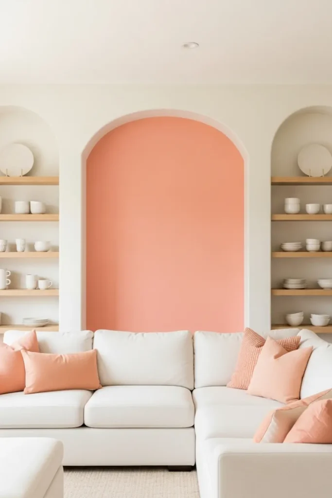 Peach coral and cream vibrant living room