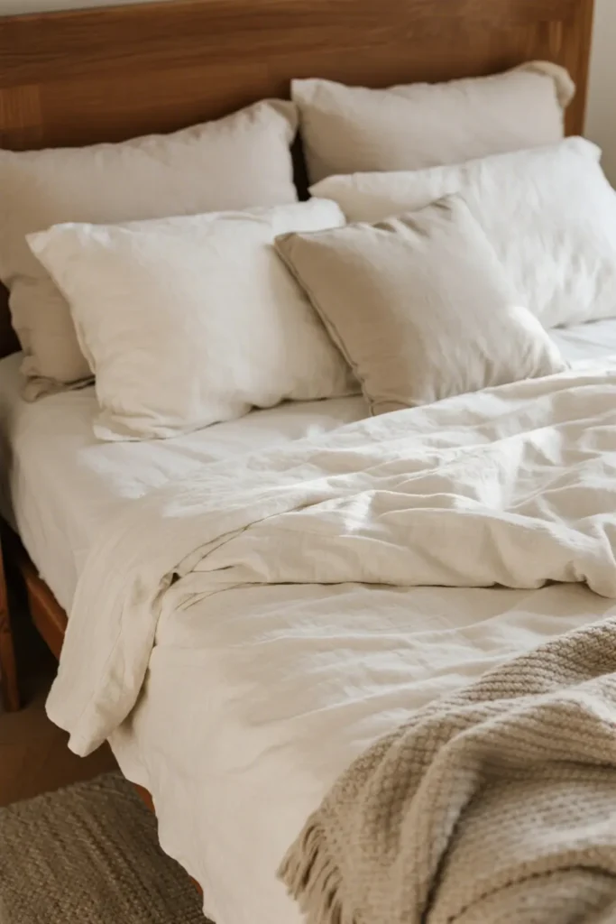 Cozy bed with soft, inviting bedding