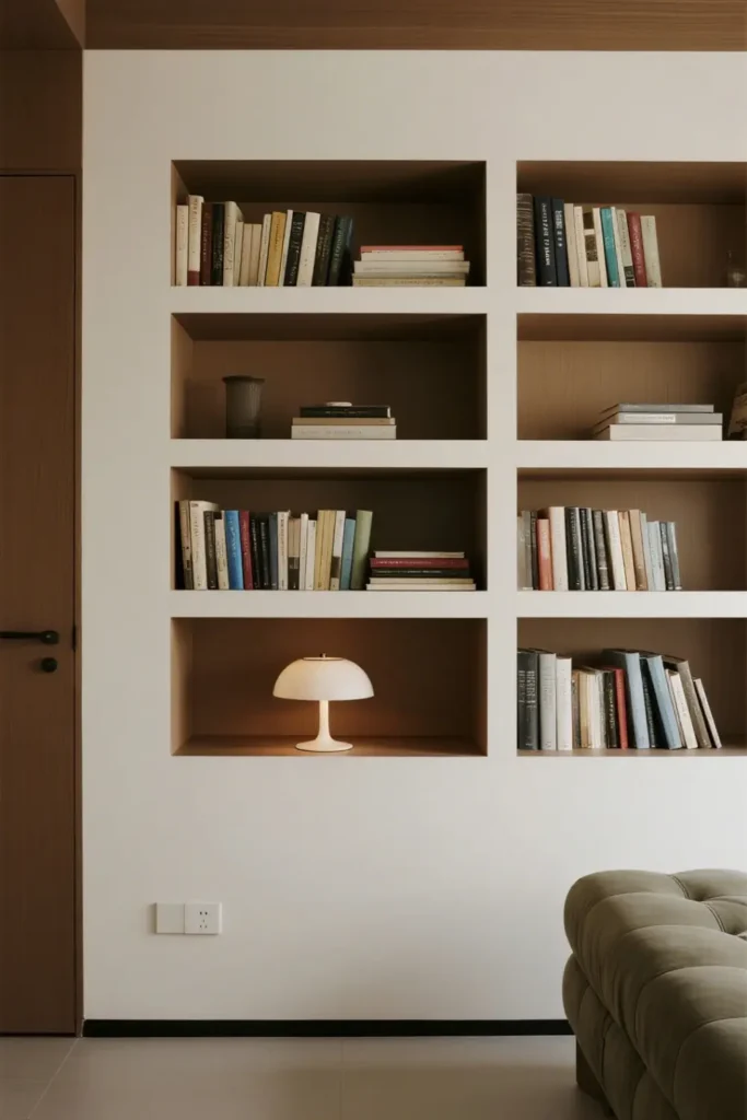 Seamless built-in bookcases filled with books and lamp