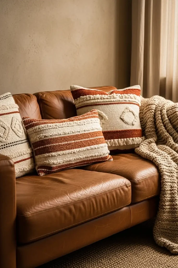 Cozy boho leather couch with pillows