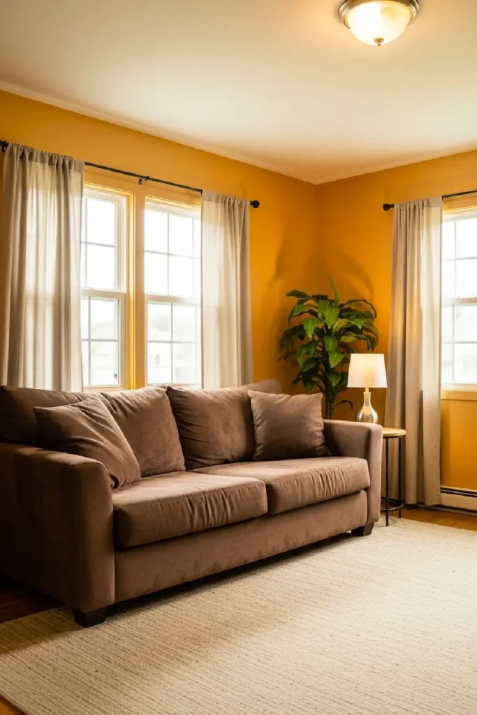 Bright living room with saffron walls