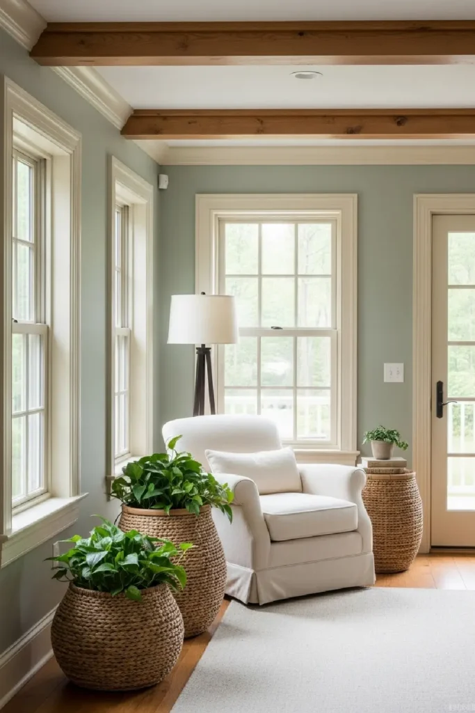 Sage green living room with earthy accents