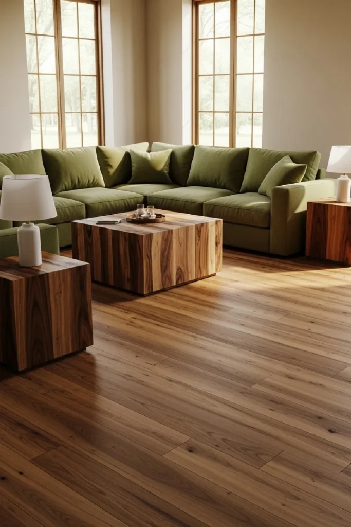 Sage green sectional with wood accents