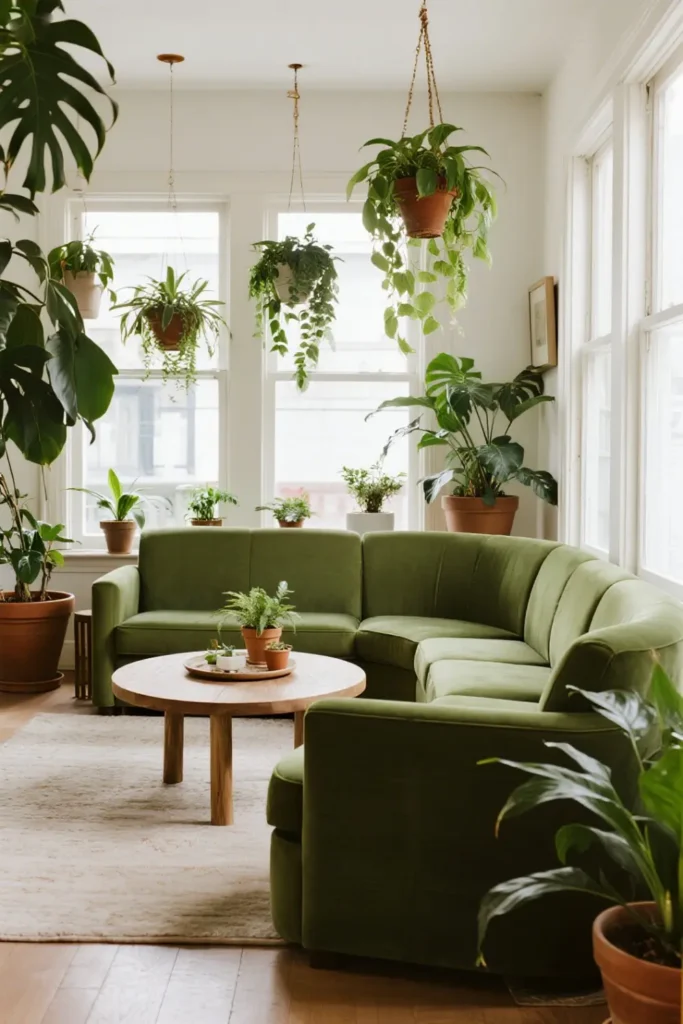Sage green sectional surrounded by lush plants