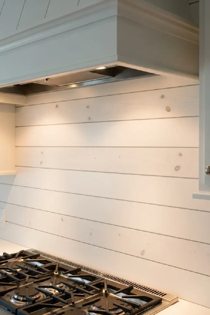 White shiplap kitchen wall with texture