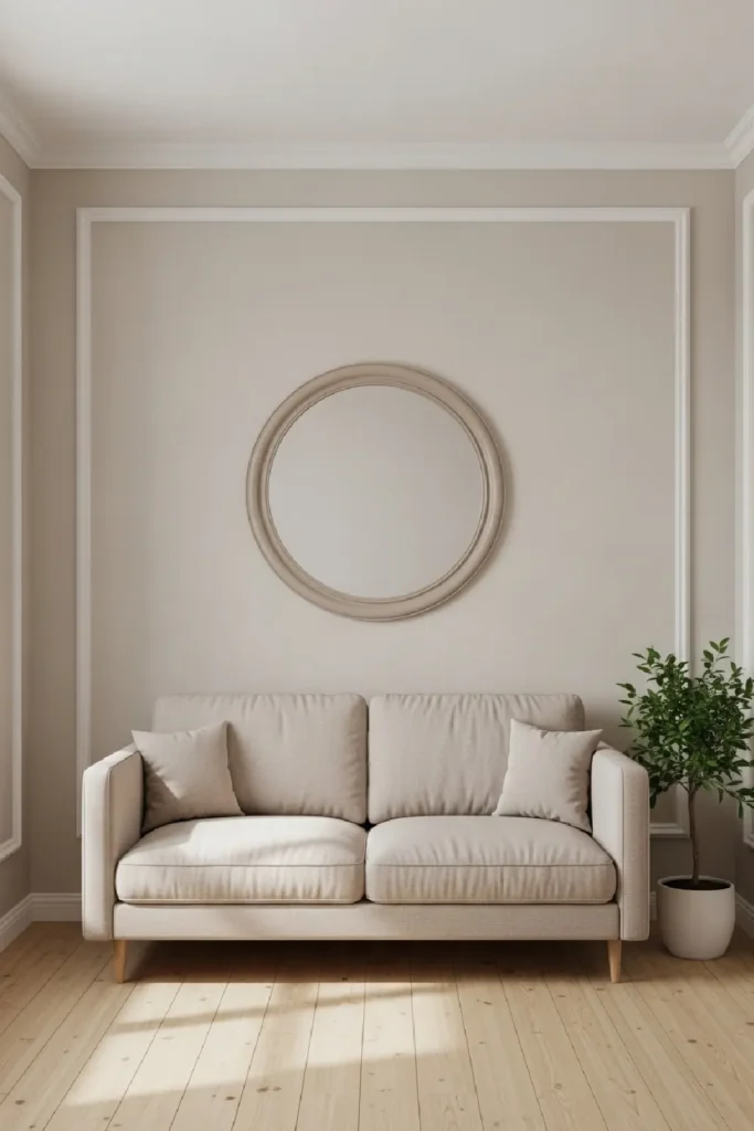 Round mirror above beige couch