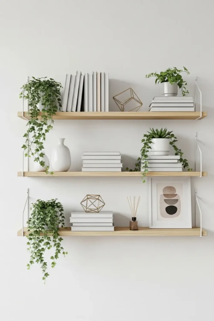 Open shelves with light wood decor