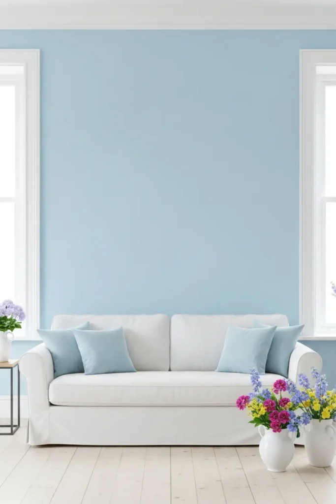 Pale blue and white serene living room