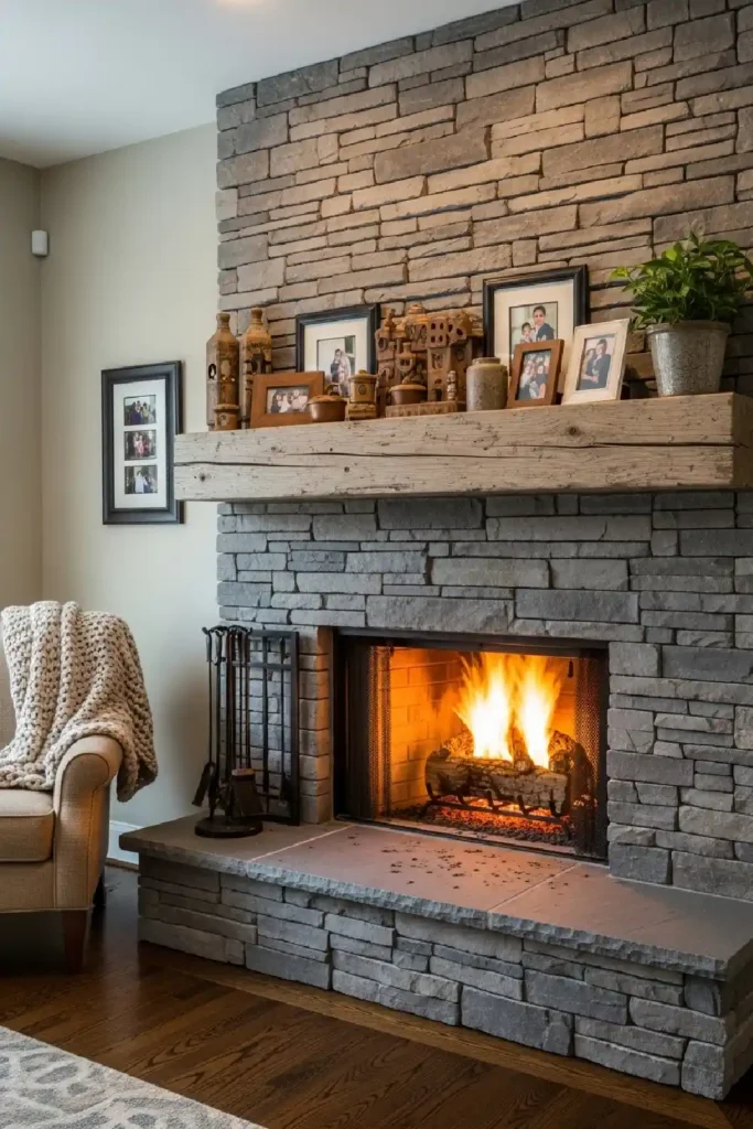Stone fireplace with wooden mantel décor